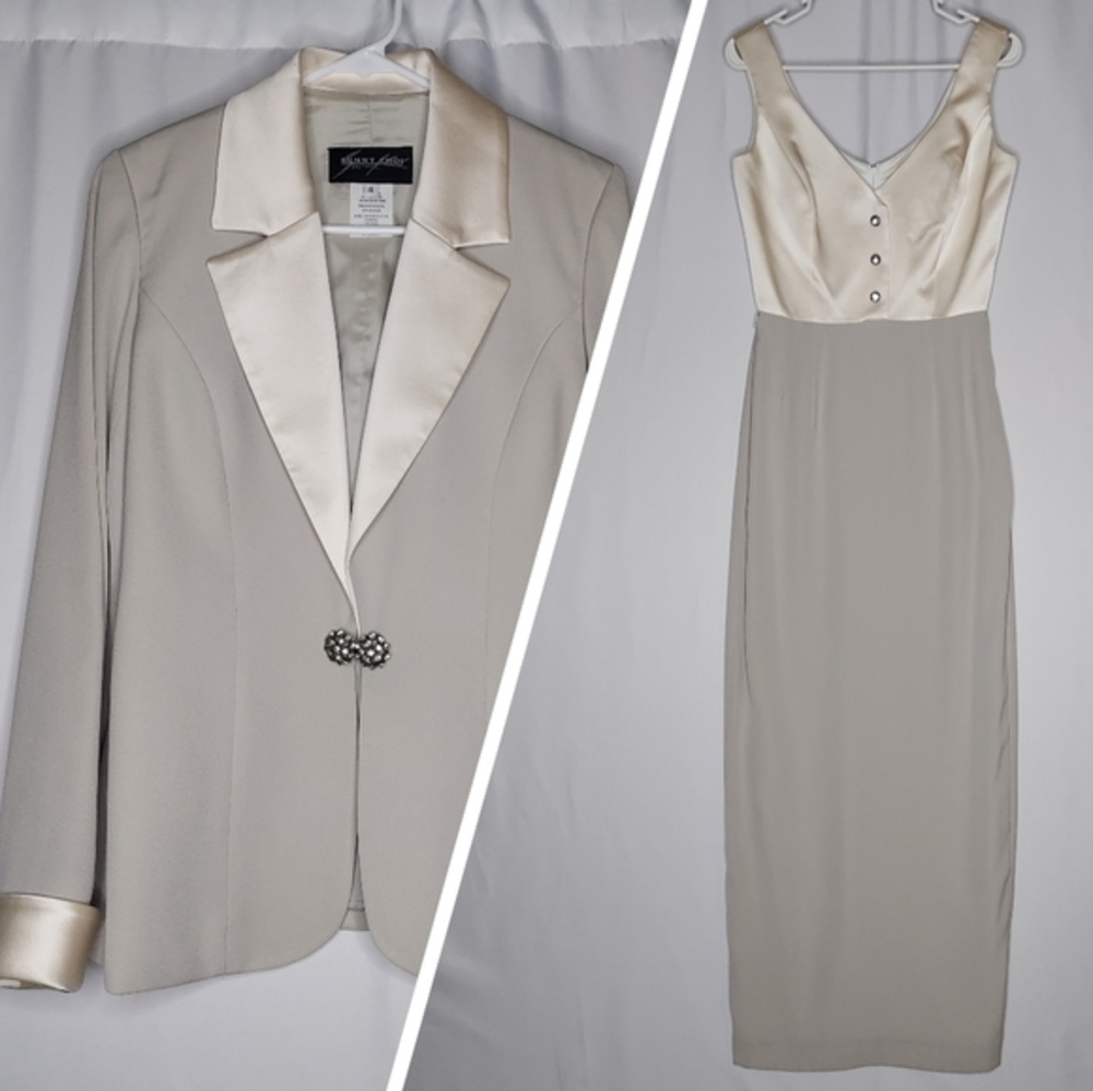 Sunny‎ Choi Dress Blazer Set 4 Cream Gray Sleeveless Empire Jewel Button Maxi